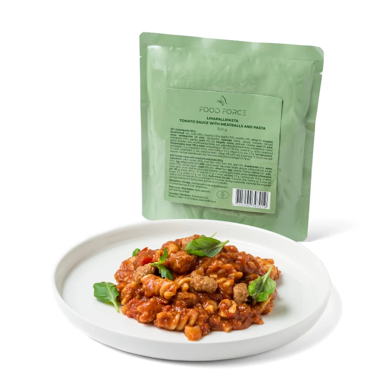 Færdigret med Tomatsauce med kødboller og pasta