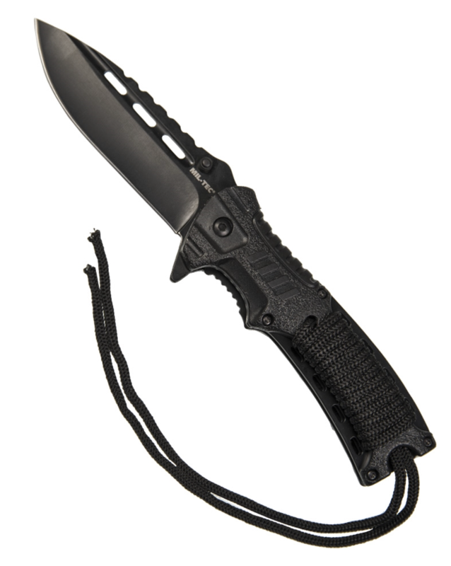 Foldekniv med ildstål, fløjte og paracord front