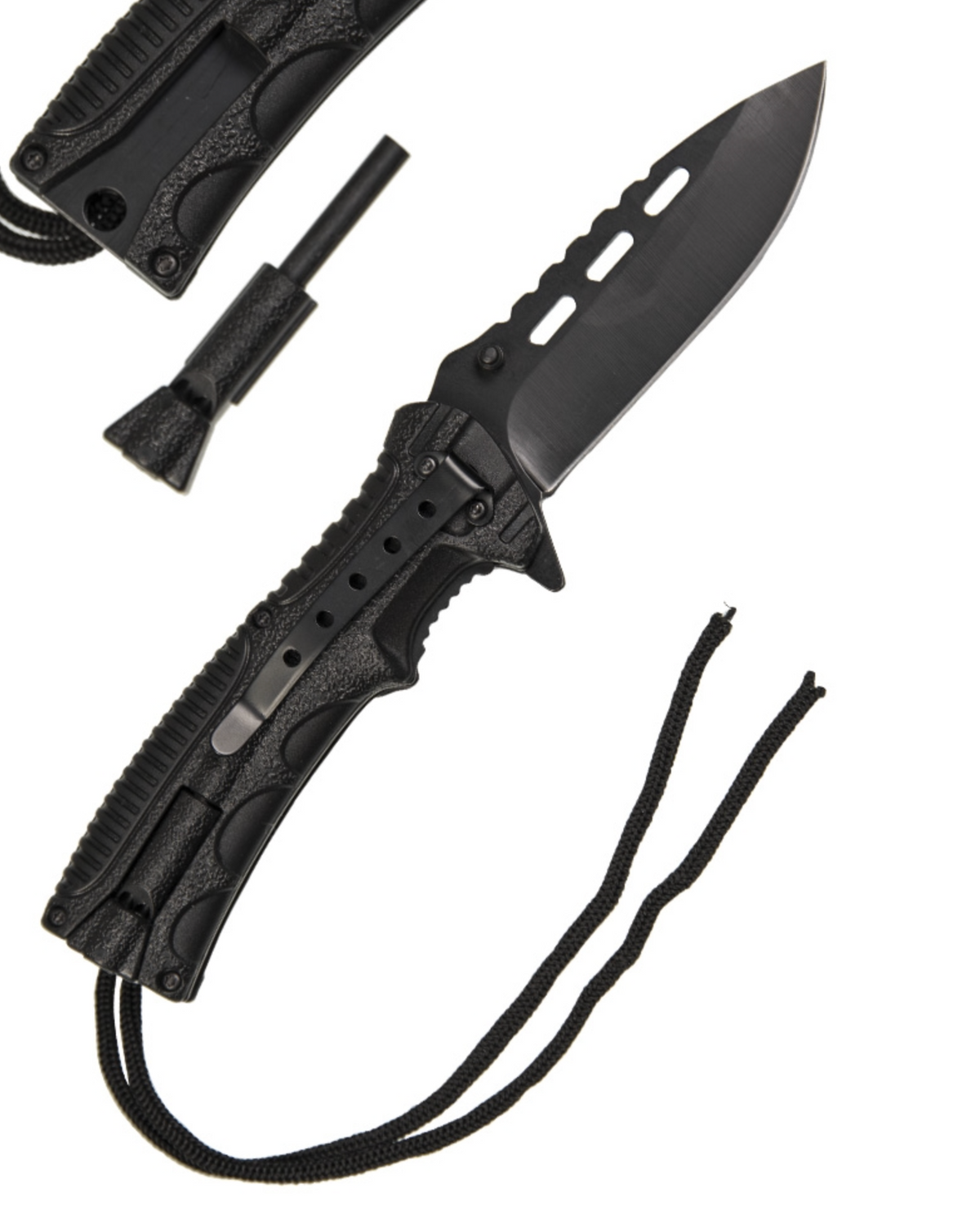 Foldekniv med ildstål, fløjte og paracord
